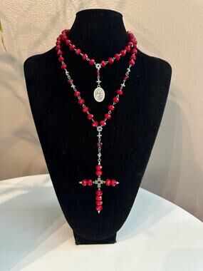 Red Crystal Glass Rosary Necklace:Gothic Sacred Heart Statement Romantic Jewelry